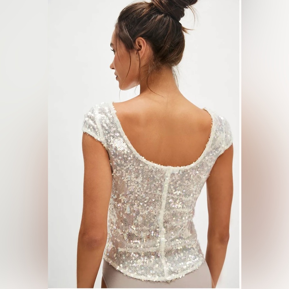 Free People Late Last Night Sequin Tee Icicle Combo XS - Picture 2 of 9